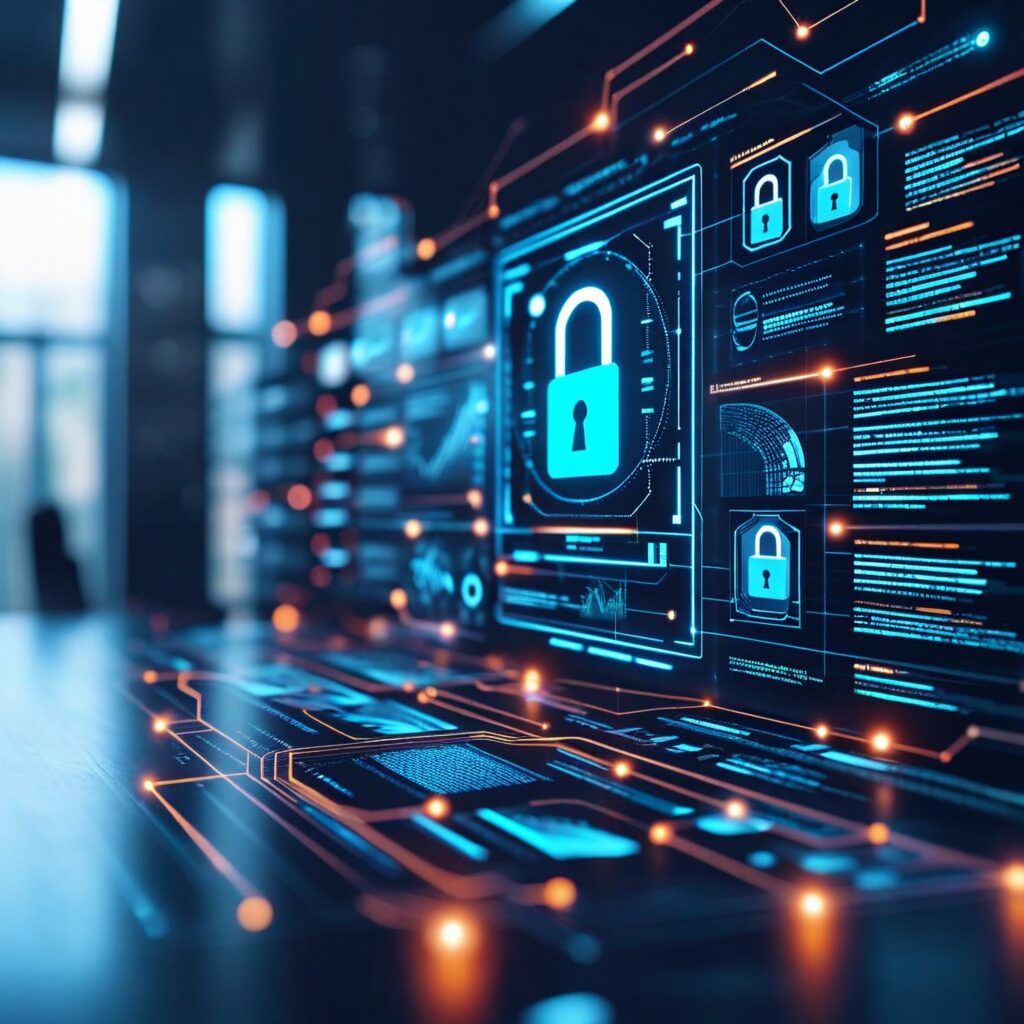 Digital lock icon on a futuristic cybersecurity dashboard representing data protection, identity and access management (IAM), and secure cloud infrastructure in healthcare IT