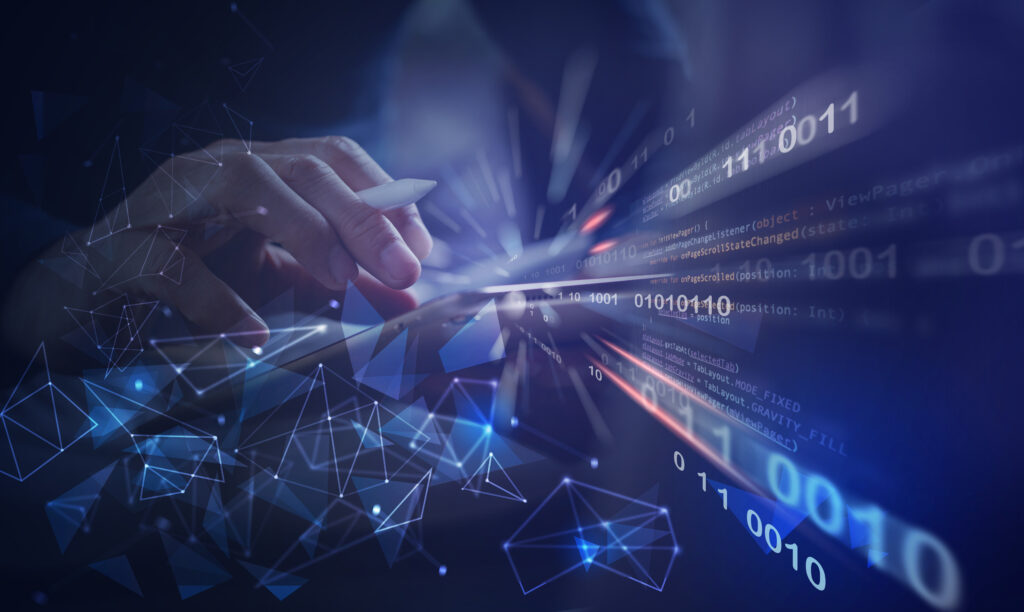 Hand interacting with digital tablet displaying cybersecurity code and data flow, symbolizing real-time threat detection and rapid MTTR in healthcare cloud security