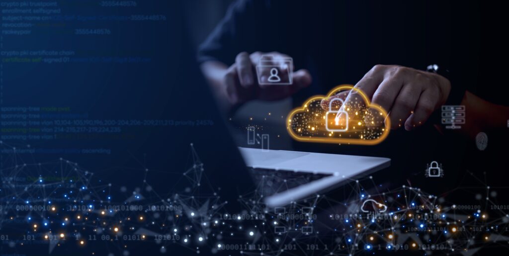 Healthcare cybersecurity professional securing cloud infrastructure with data protection and user identity controls, symbolizing secure cloud computing in the healthcare cloud security industry