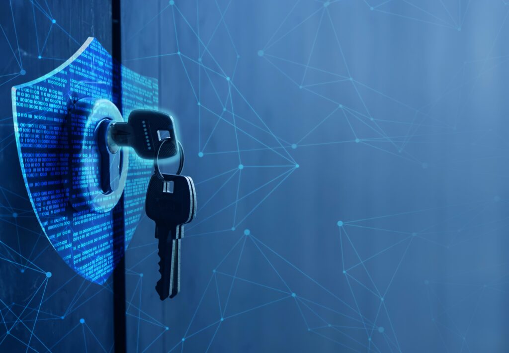 Digital cybersecurity lock with binary shield and key representing secure identity and access management in healthcare IT environments.
