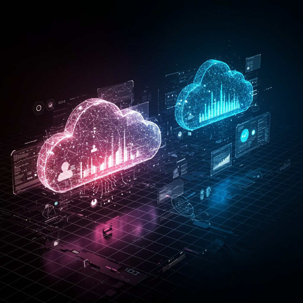 Digital representation of multi-cloud computing environments with data analytics dashboards and network connections, symbolizing cloud security, data management, and healthcare IT infrastructure and multi-cloud security