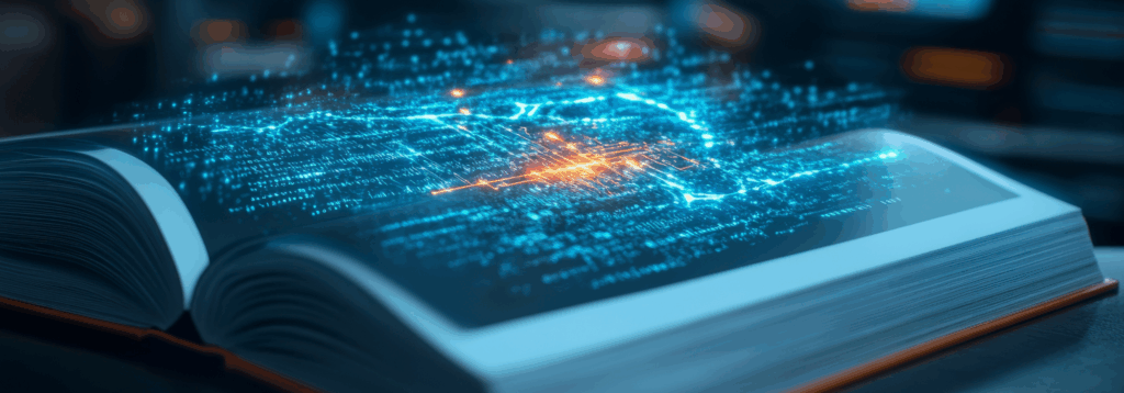 Digital cybersecurity concept visualized as glowing data and network lines emerging from an open book, symbolizing knowledge, a healthcare cybersecurity glossary, and technology, and healthcare data protection.