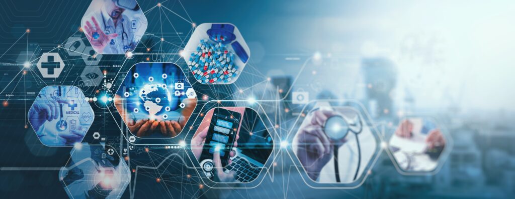 Digital healthcare technology concept with interconnected hexagon icons showing telemedicine, global medical networks, AI in healthcare, pharmaceuticals, wearable devices, remote patient monitoring, and doctors using stethoscopes, overlaid with futuristic data network lines signifying cloud security for payers.