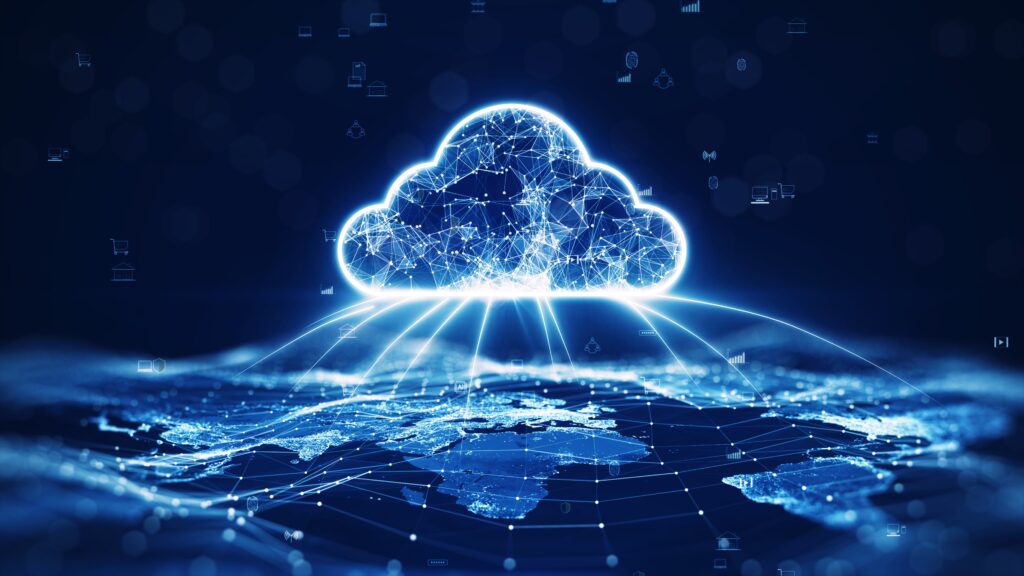 Illustration of cloud computing network over global map, representing secure data transfer, cloud visibility, and AI-powered cloud infrastructure for healthcare and enterprise environments