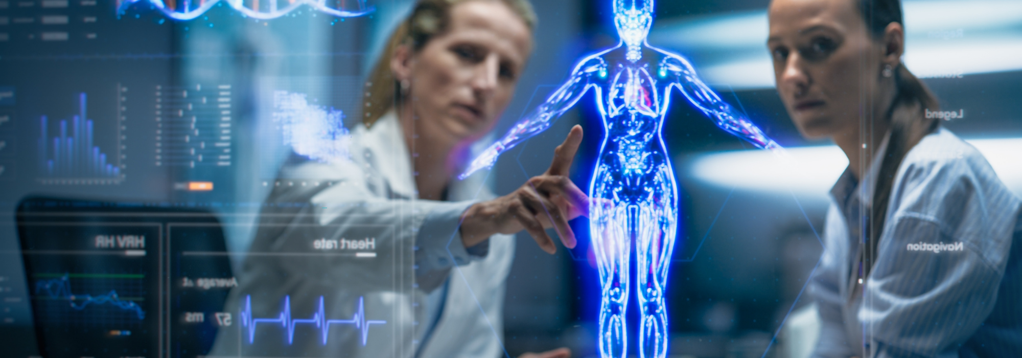 Healthcare professionals reviewing a digital body scan with DNA sequencing and vital signs on a transparent display, demonstrating AI Cybersecurity Solutions that protect sensitive medical data and enable secure, AI-powered healthcare innovation