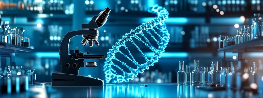 "Modern laboratory with a microscope, glass vials, and a glowing DNA double helix illustration symbolizing biotechnology, genetic research, and life sciences innovation and symbolizing cloud security for life sciences.