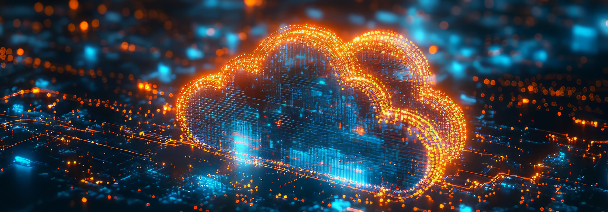 Digital cloud network glowing with data connections, symbolizing the democratization of AI and multi-cloud strategies transforming healthcare IT and cloud security.
